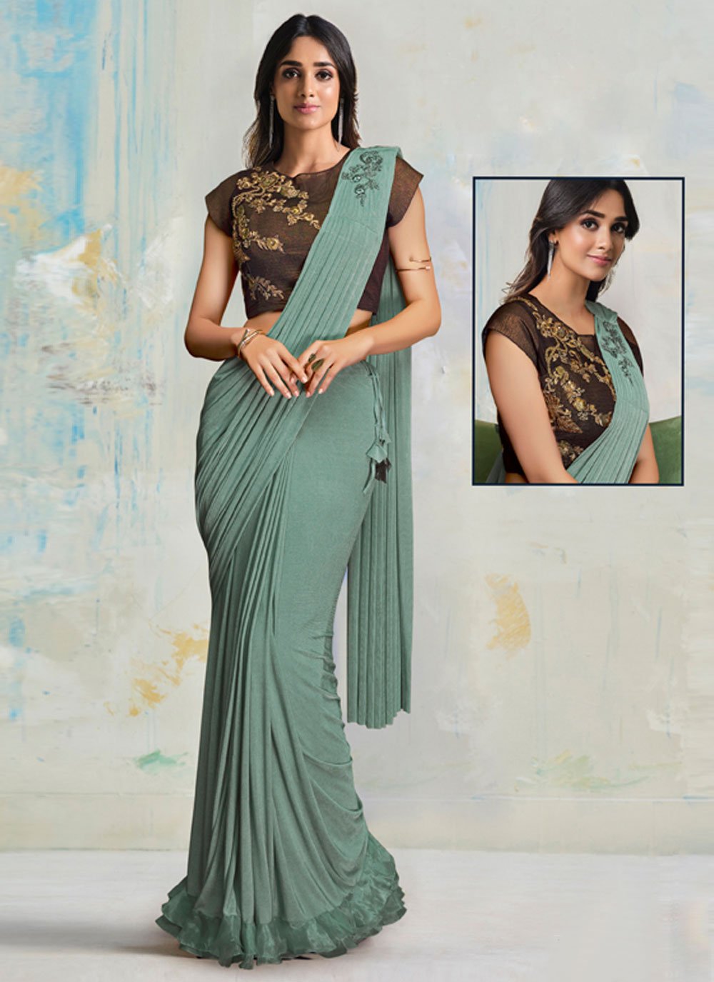 Classic Lycra Sea Green Embroidered Saree