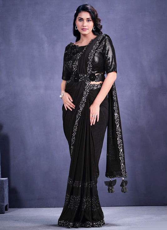 Contemporary Faux Crepe Lycra Black Applique Work Saree