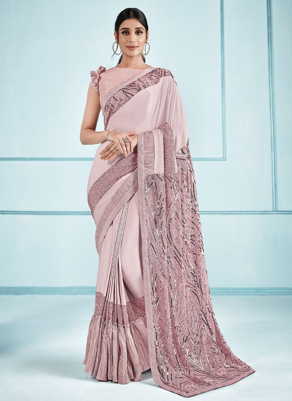 Trendy Saree Lycra Pink Sequins Saree