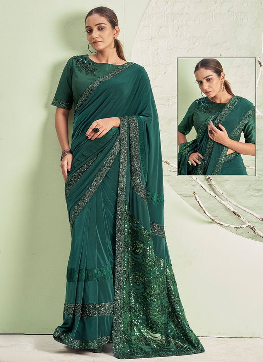 Trendy Saree Lycra Teal Patch Border Saree