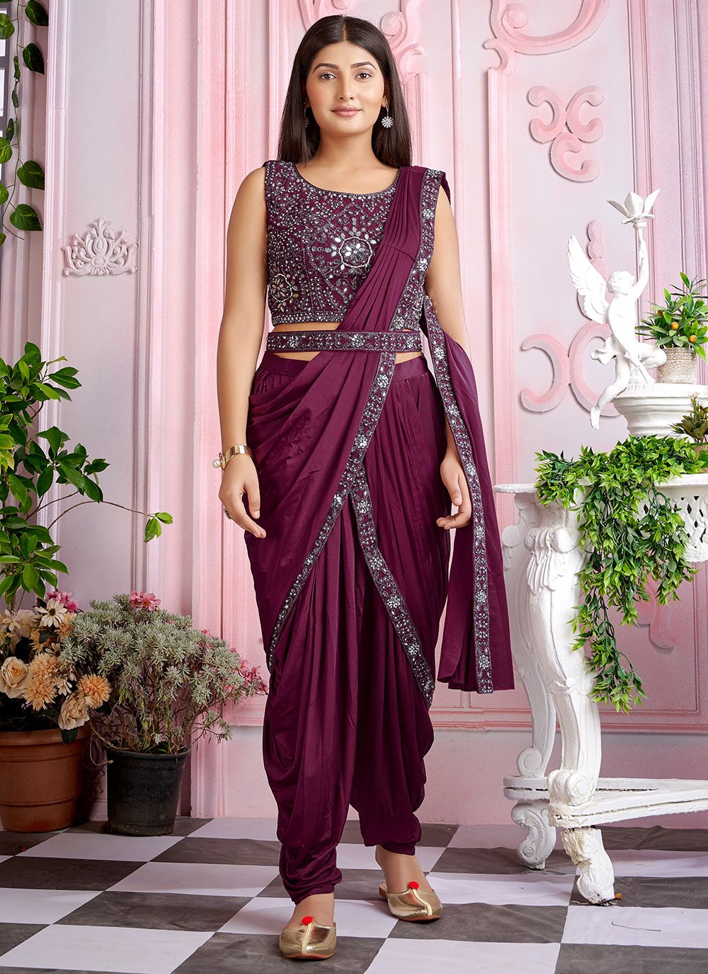 Traditional Saree Lycra Purple Mirror Saree