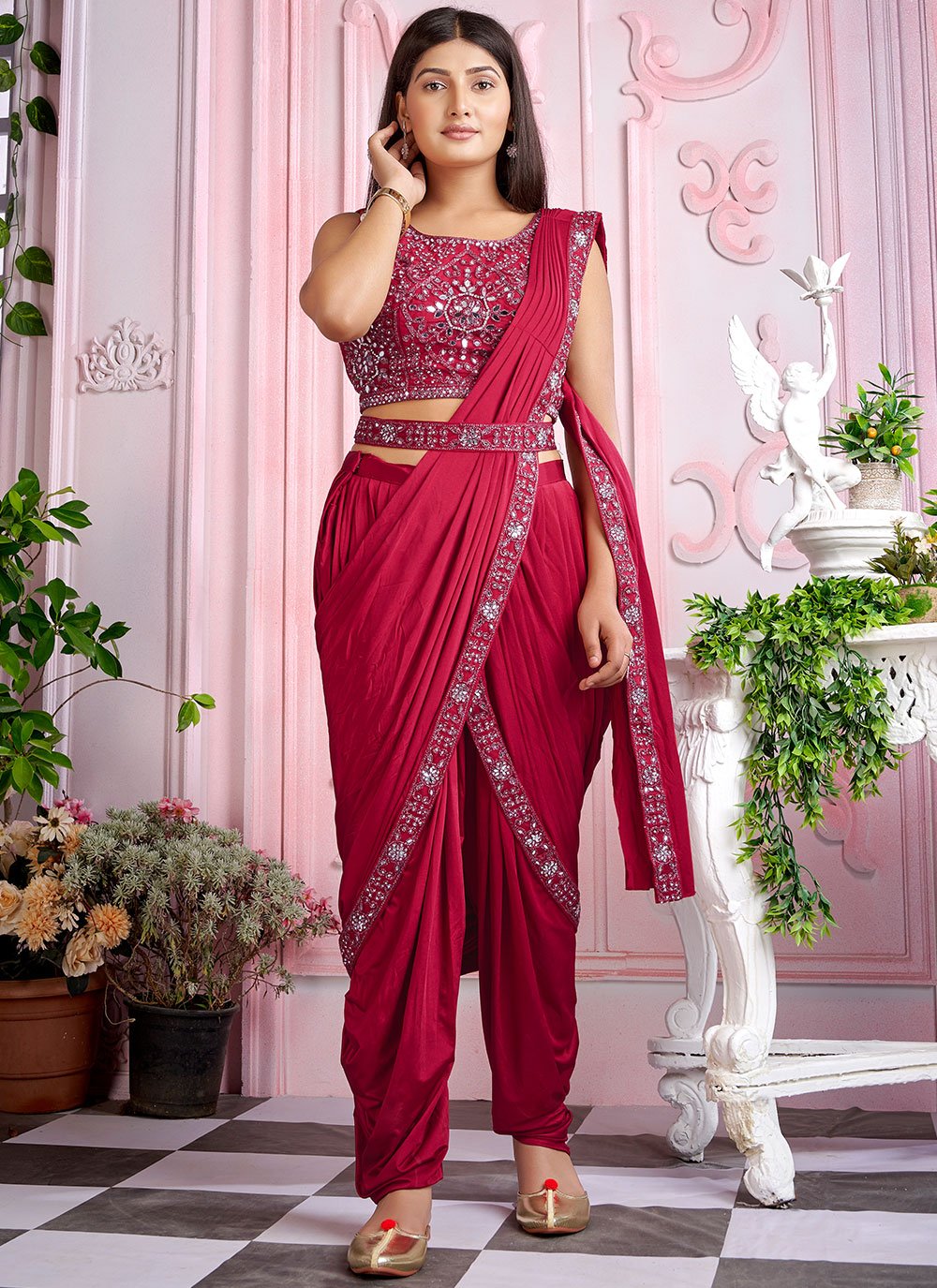 Trendy Saree Lycra Hot Pink Mirror Saree