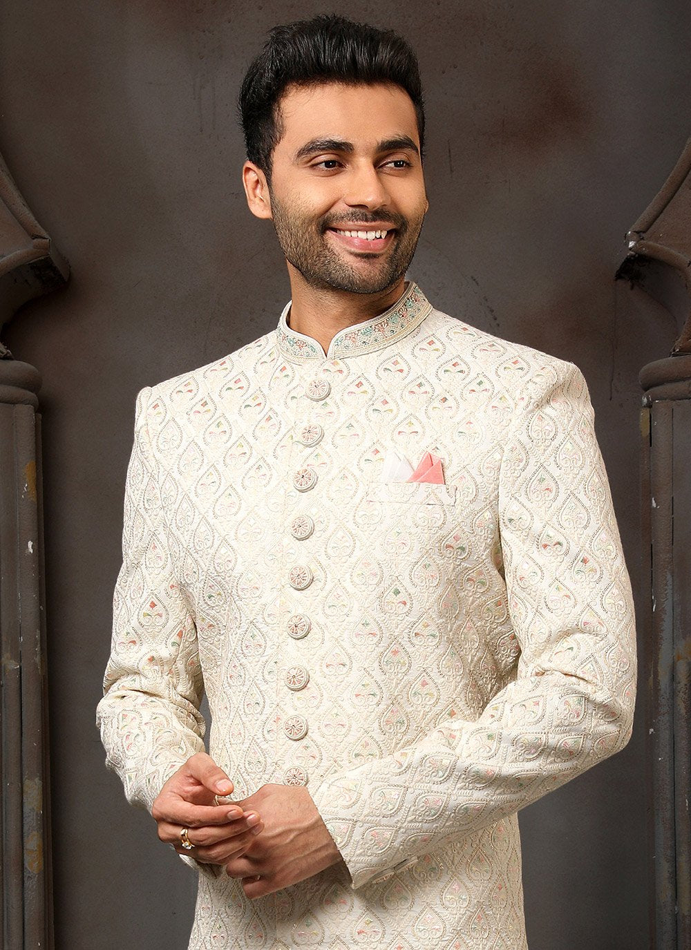 Sherwani Art Silk Cream Machine Embroidery Mens