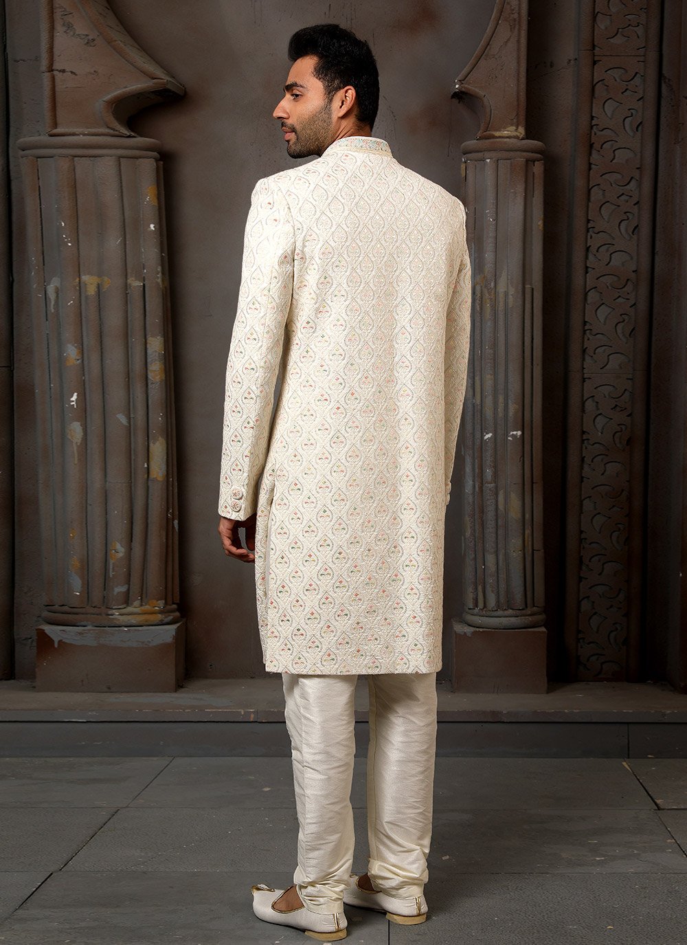 Sherwani Art Silk Cream Machine Embroidery Mens