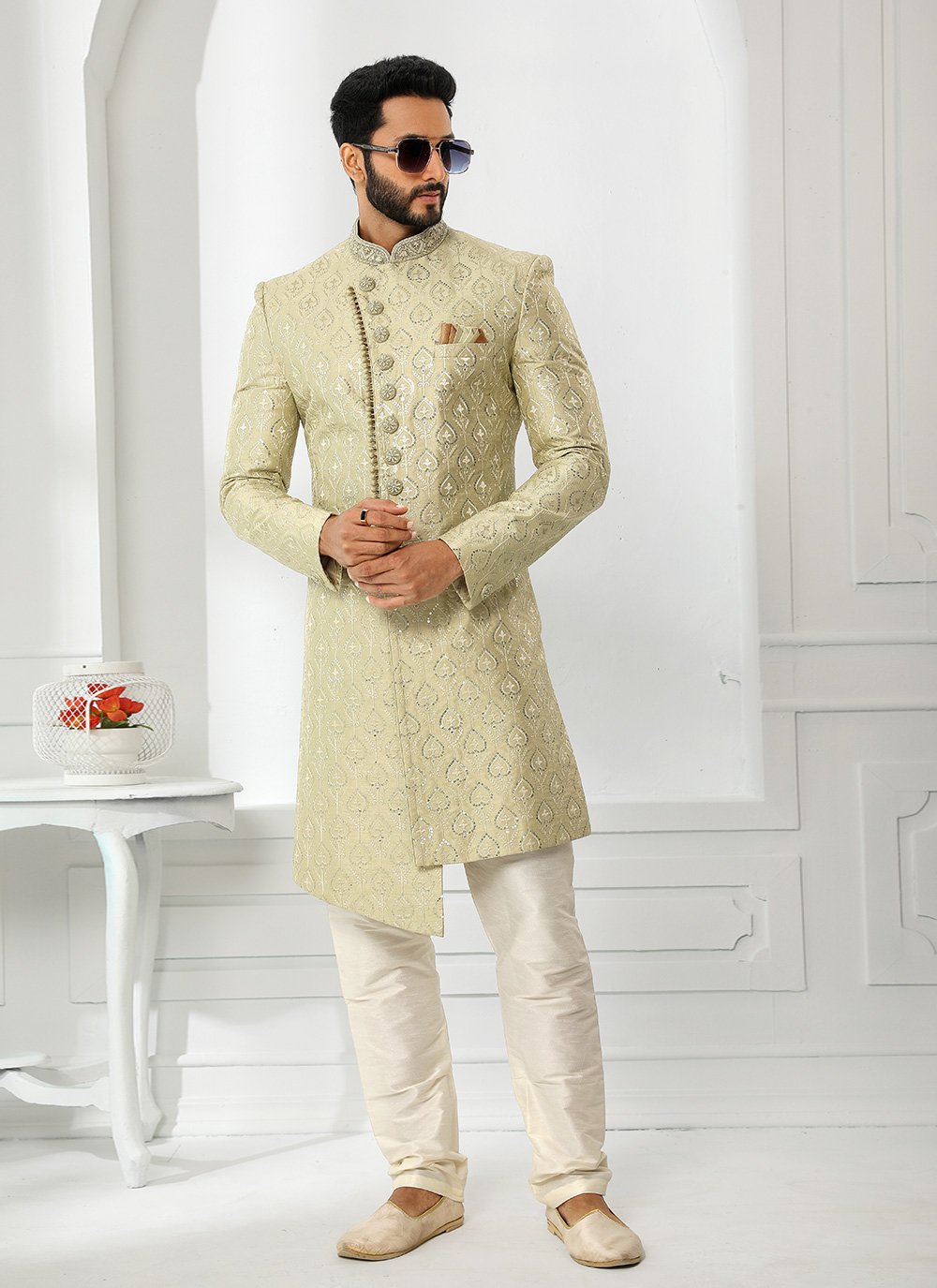 Sherwani Art Silk Green Machine Embroidery Mens