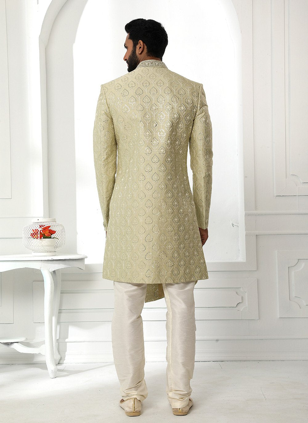 Sherwani Art Silk Green Machine Embroidery Mens