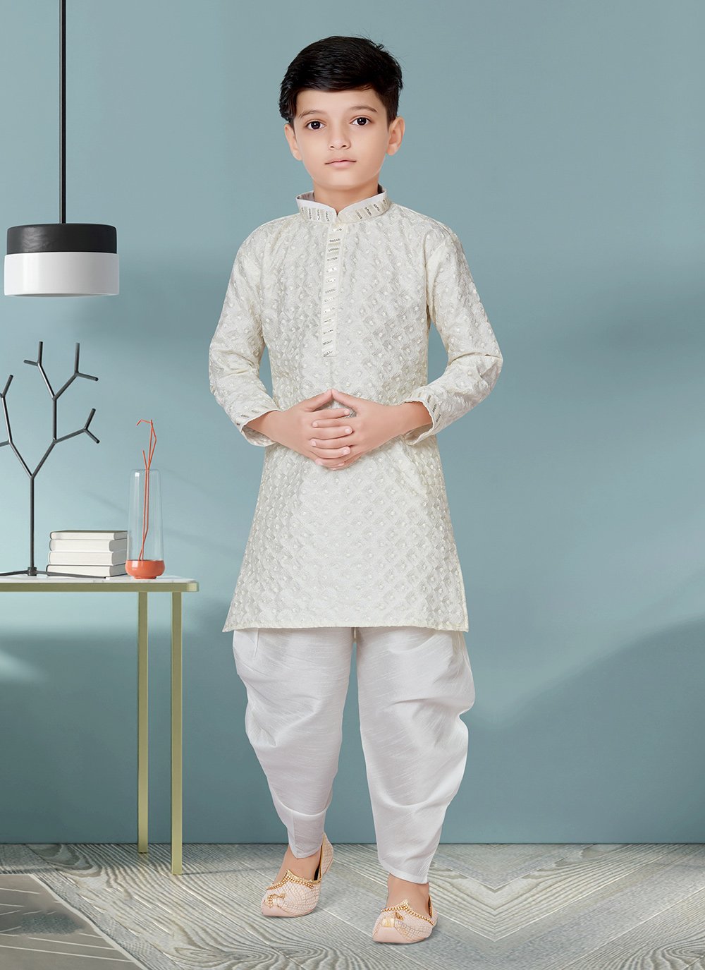 Dhoti Kurta Jacquard Lucknowi Off White Lace Kids