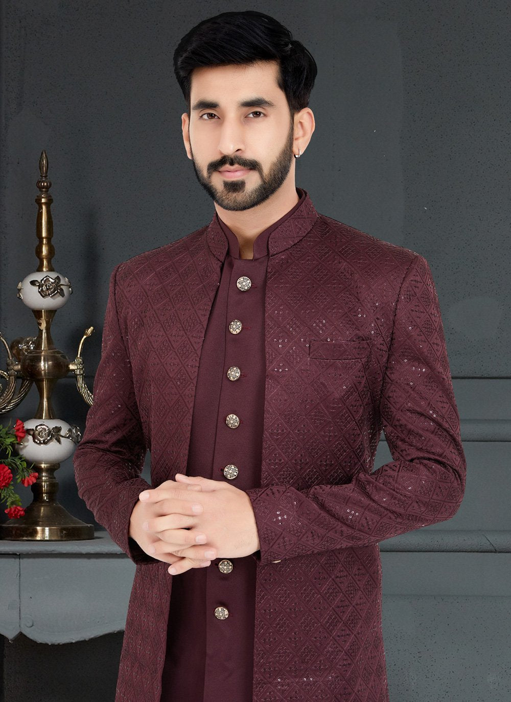 Indo Western Fancy Fabric Magenta Maroon Embroidered Mens