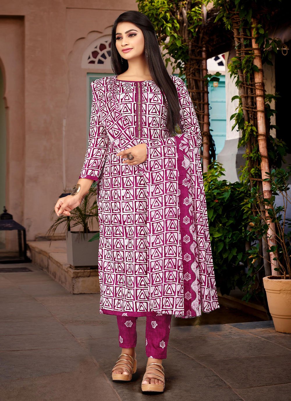 Salwar Suit Cotton Magenta Buttons Salwar Kameez