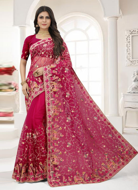 Classic Net Magenta Embroidered Saree