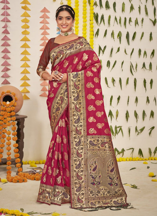 Traditional Saree Silk Magenta Foil Print Saree