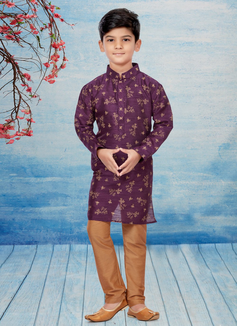 Kurta Pyjama Dupion Silk Magenta Print Kids