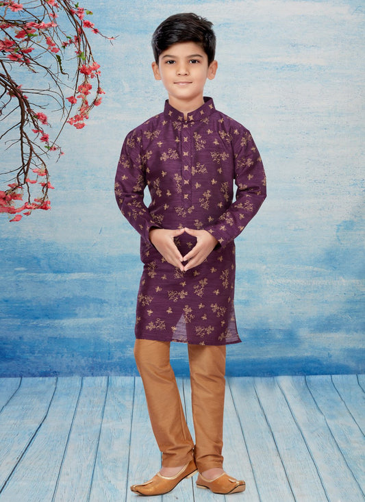 Kurta Pyjama Dupion Silk Magenta Print Kids