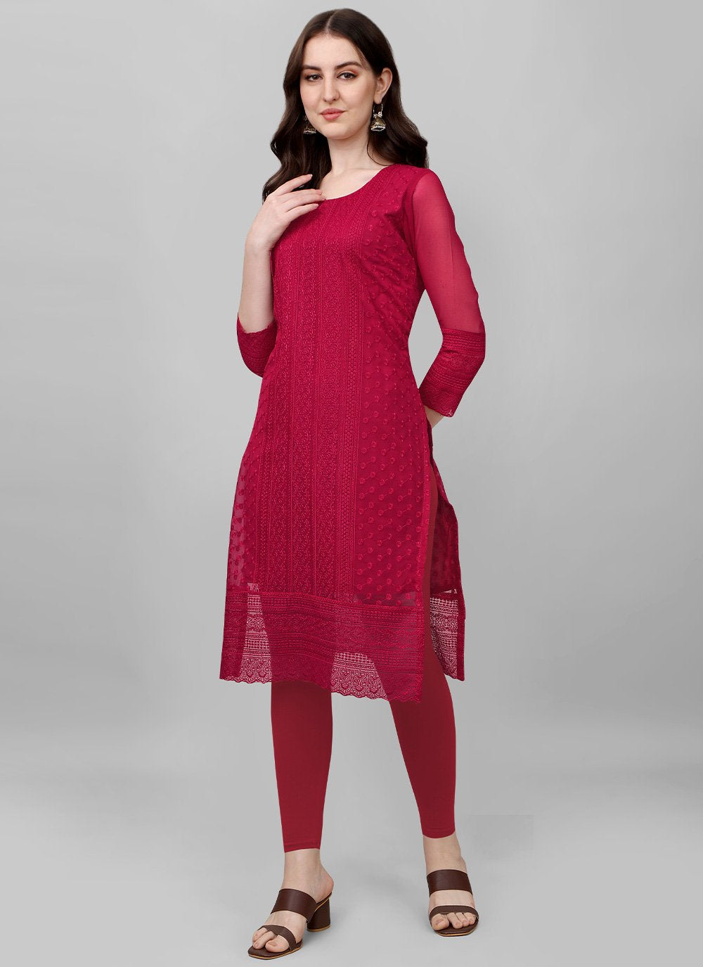 Casual Kurti Faux Georgette Magenta Chikankari Work Kurtis