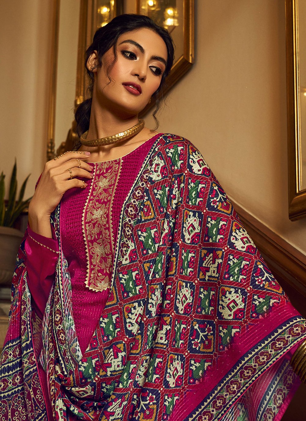 Salwar Suit Chinon Magenta Embroidered Salwar Kameez