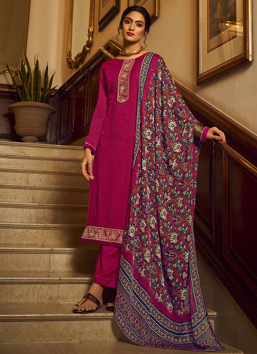 Salwar Suit Chinon Magenta Embroidered Salwar Kameez