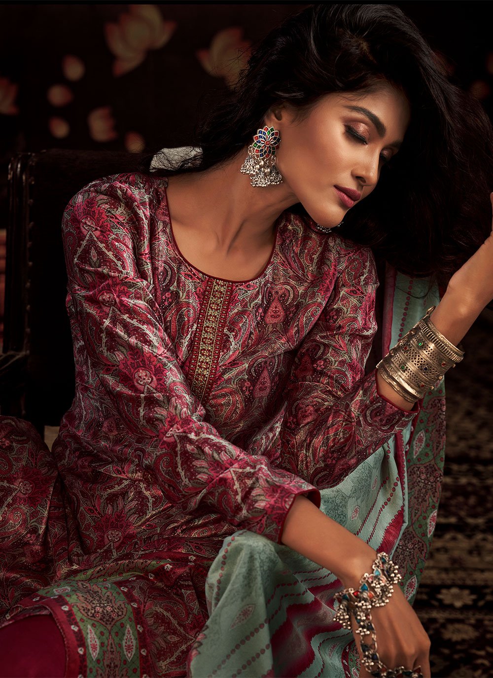 Palazzo Salwar Suit Velvet Magenta Digital Print Salwar Kameez