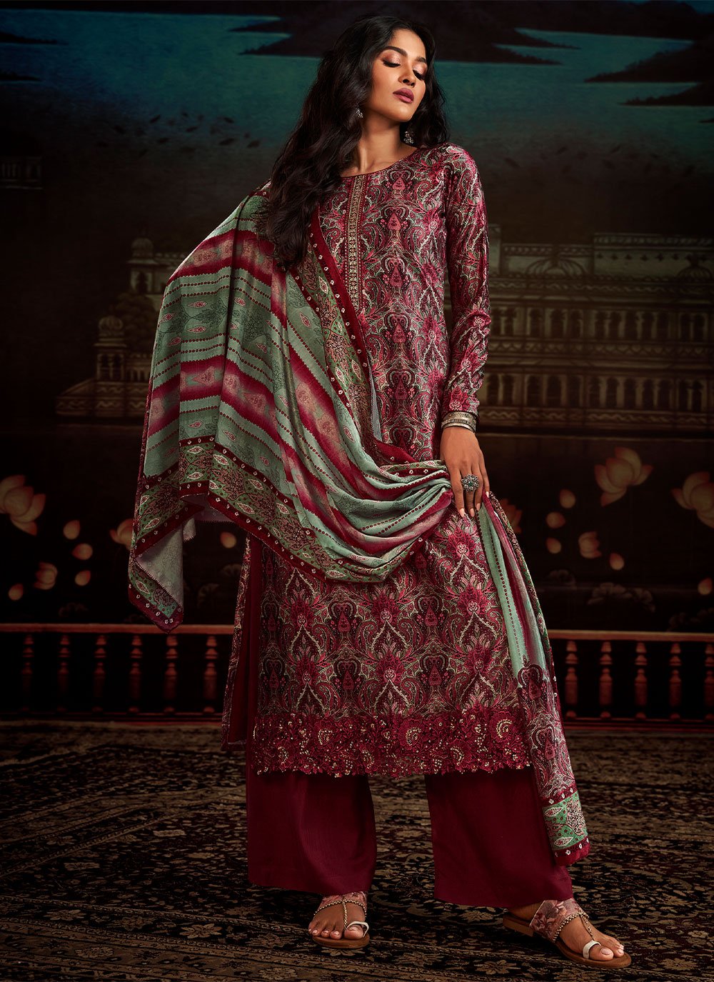 Palazzo Salwar Suit Velvet Magenta Digital Print Salwar Kameez