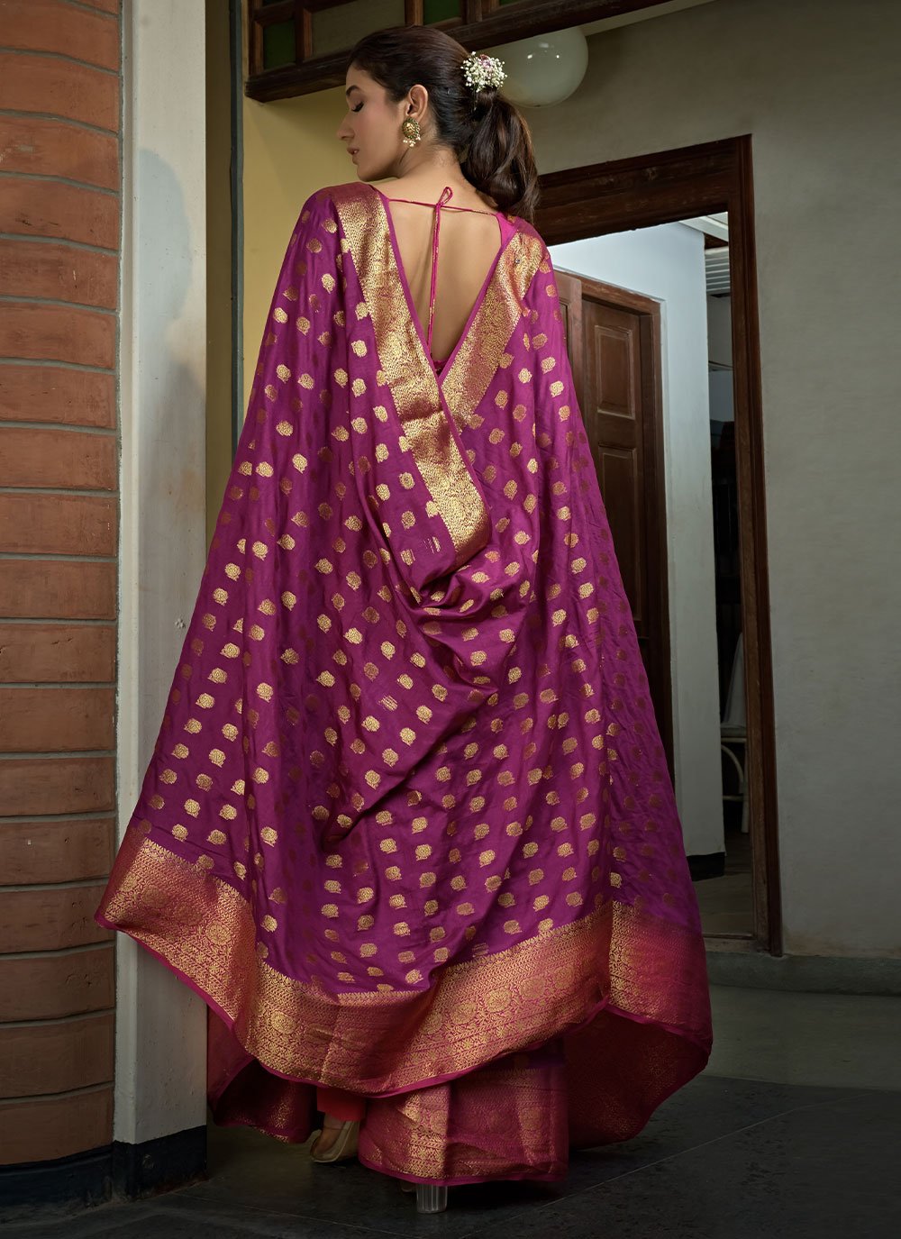 Contemporary Banarasi Silk Magenta Weaving Saree