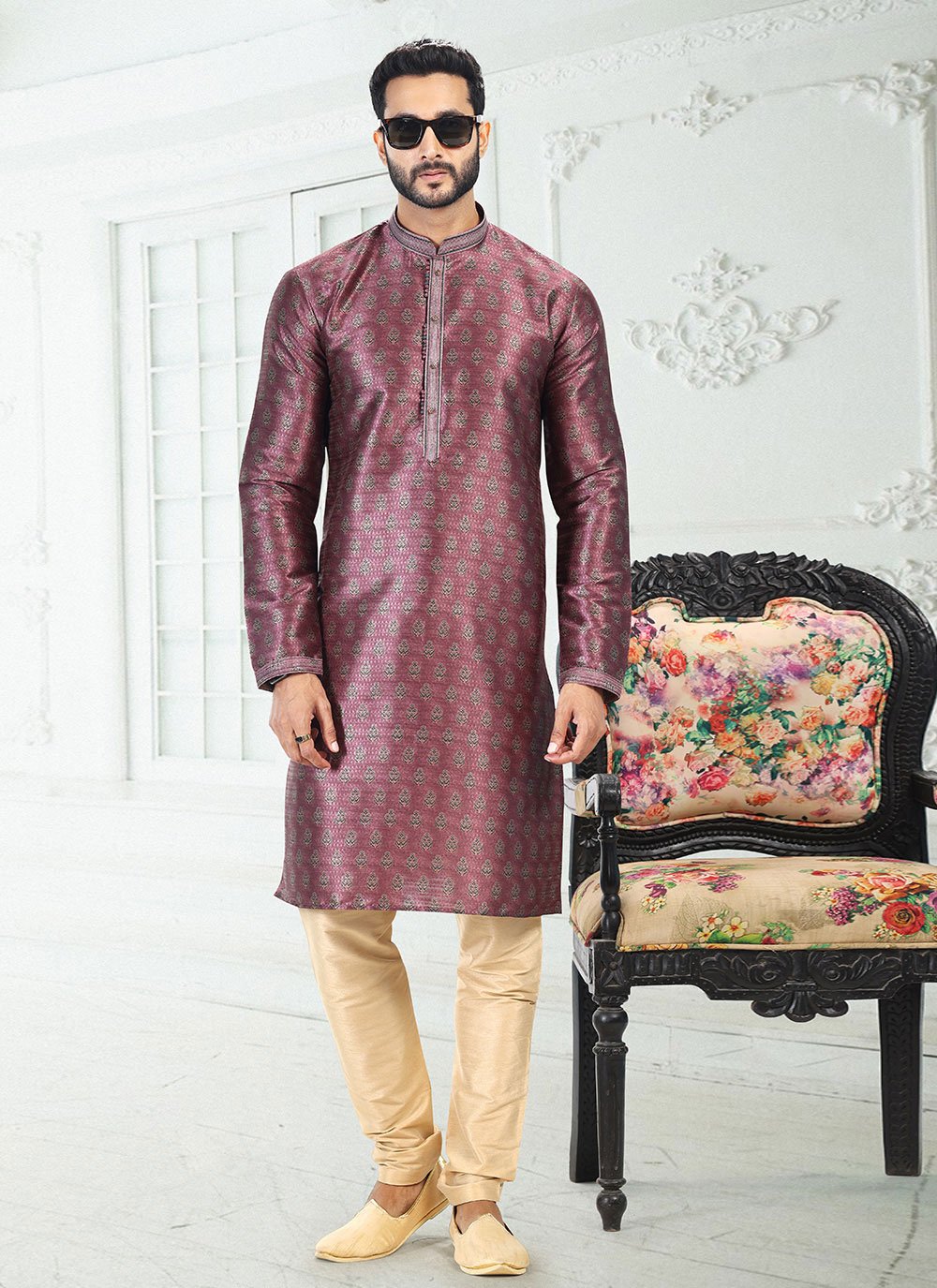 Kurta Pyjama Banarasi Silk Magenta Digital Print Mens