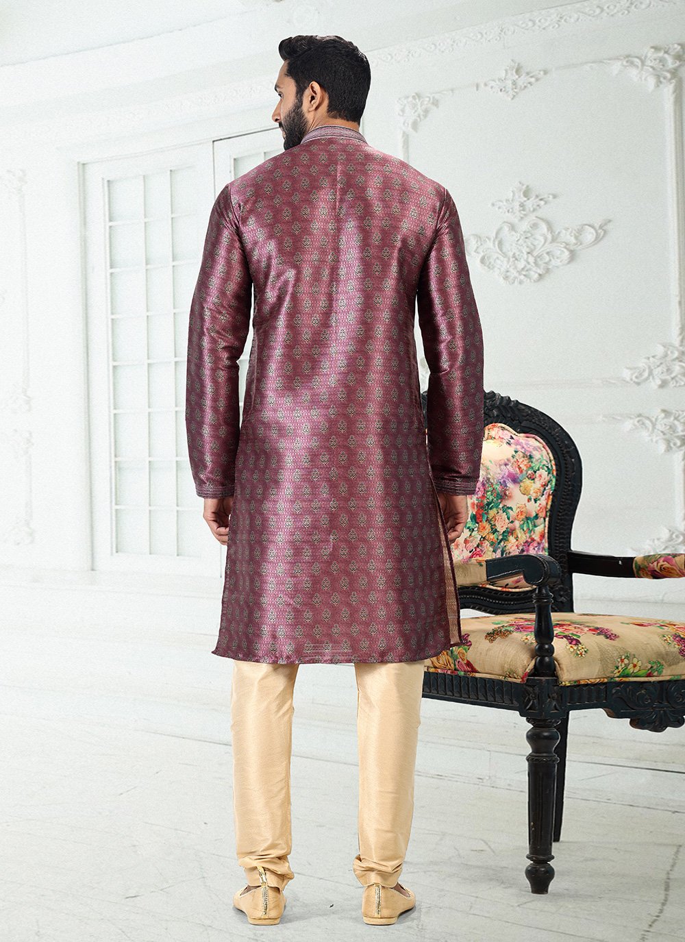 Kurta Pyjama Banarasi Silk Magenta Digital Print Mens