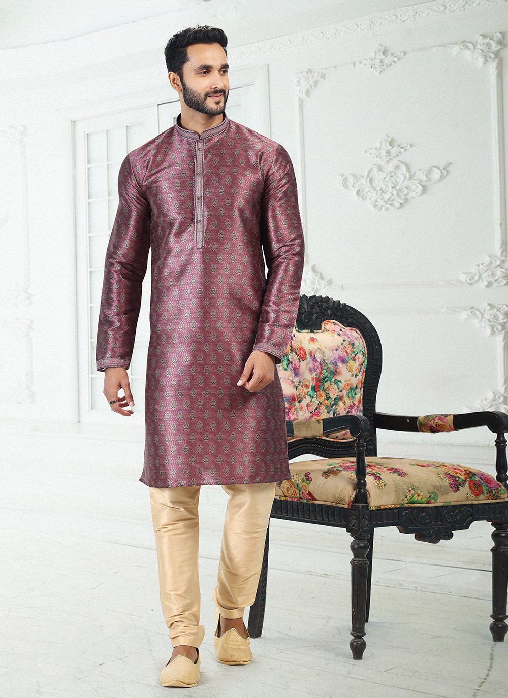 Kurta Pyjama Banarasi Silk Magenta Digital Print Mens