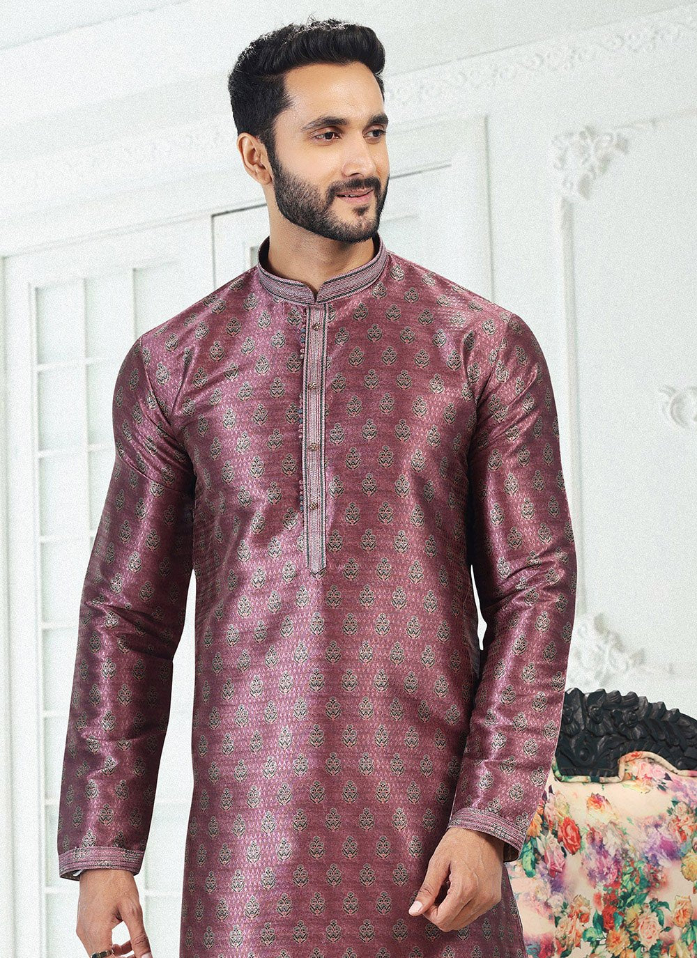 Kurta Pyjama Banarasi Silk Magenta Digital Print Mens