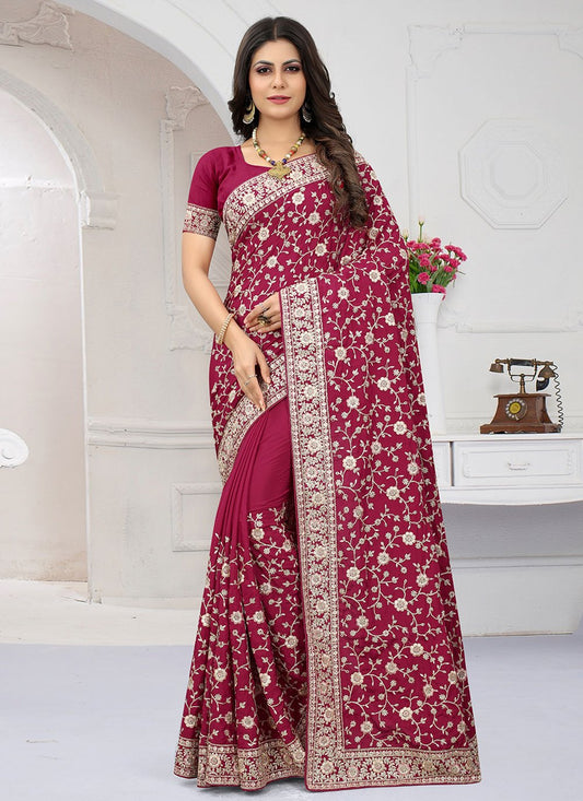 Contemporary Crepe Silk Magenta Embroidered Saree