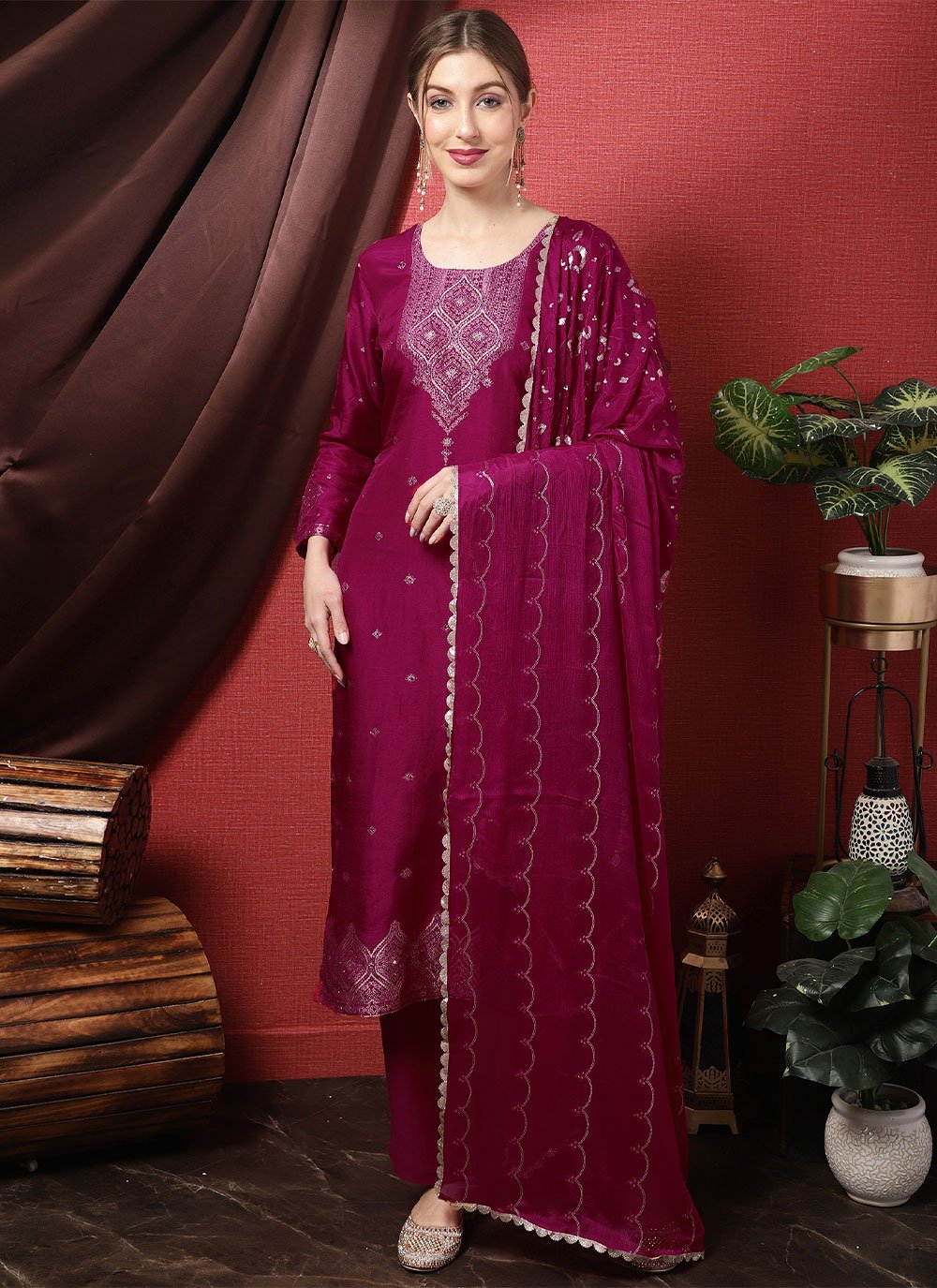 Salwar Suit Silk Magenta Embroidered Salwar Kameez