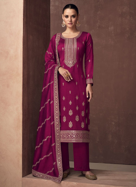 Salwar Suit Silk Magenta Embroidered Salwar Kameez