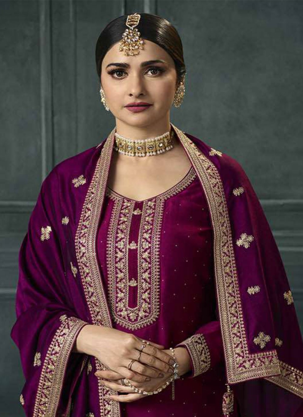 Palazzo Salwar Suit Georgette Silk Magenta Embroidered Salwar Kameez