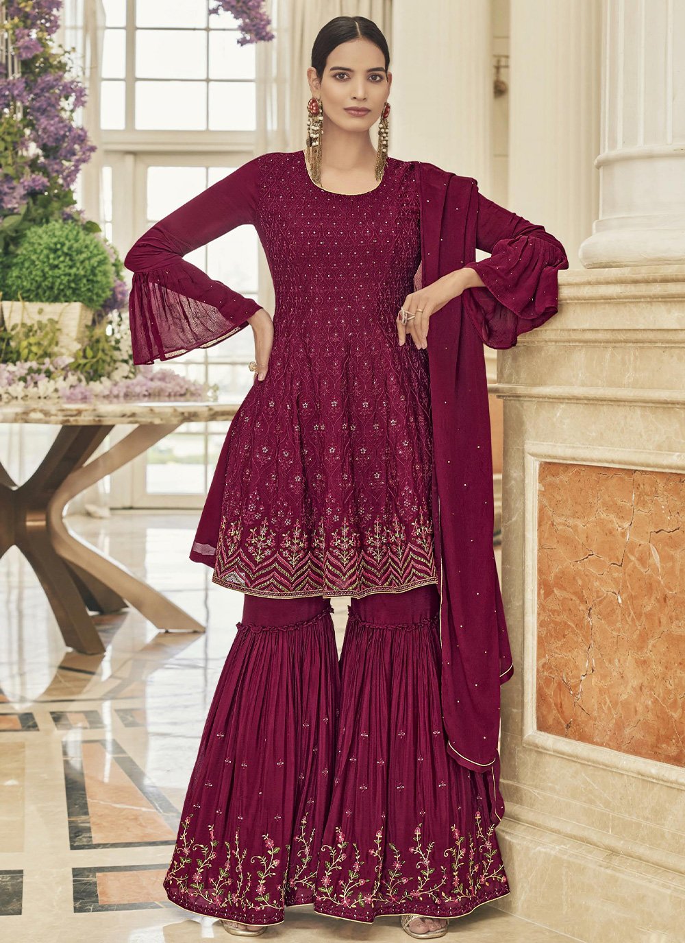 Sharara Set Chinon Silk Magenta Embroidered Salwar Kameez