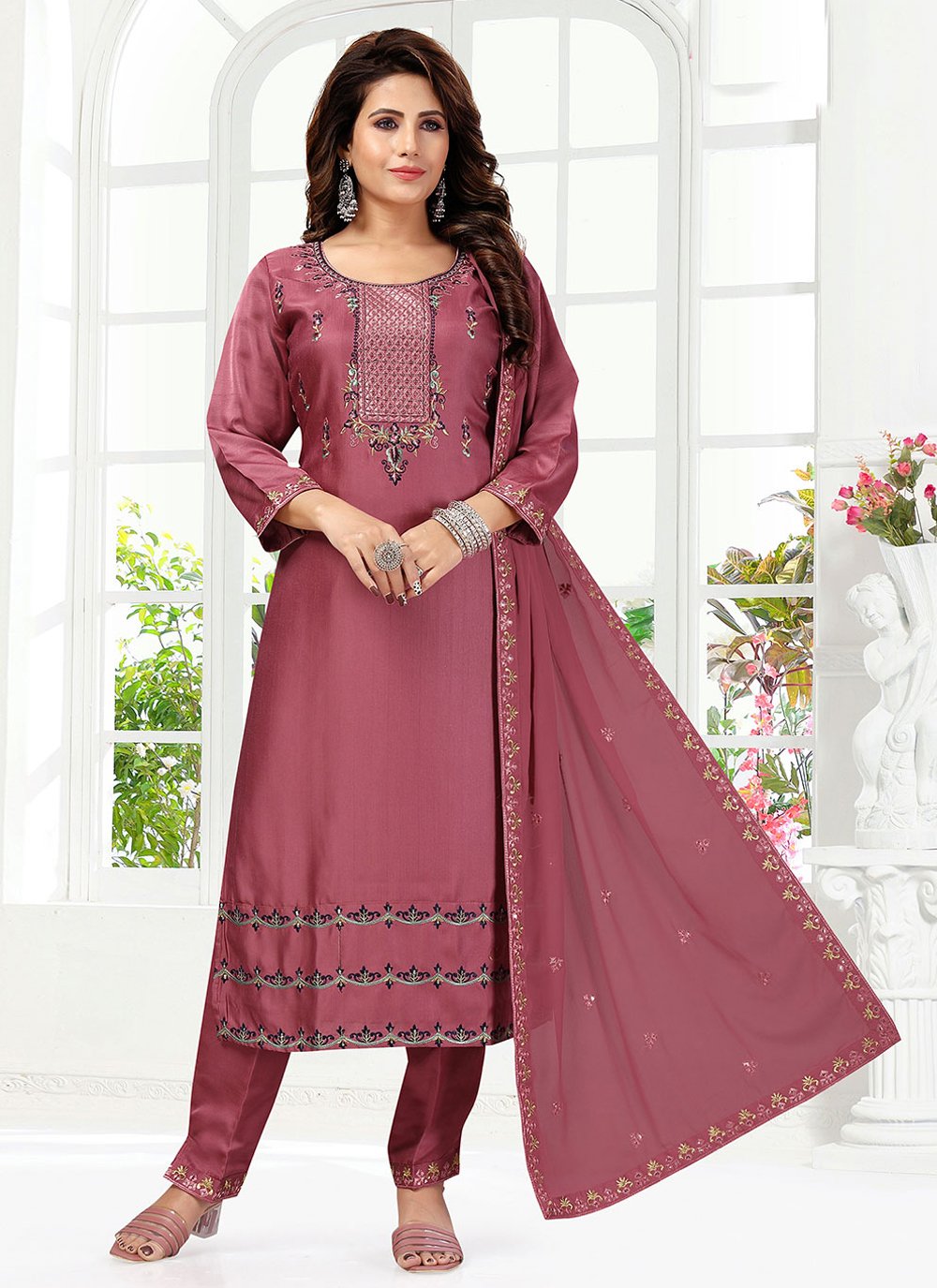 Straight Salwar Suit Silk Magenta Embroidered Salwar Kameez