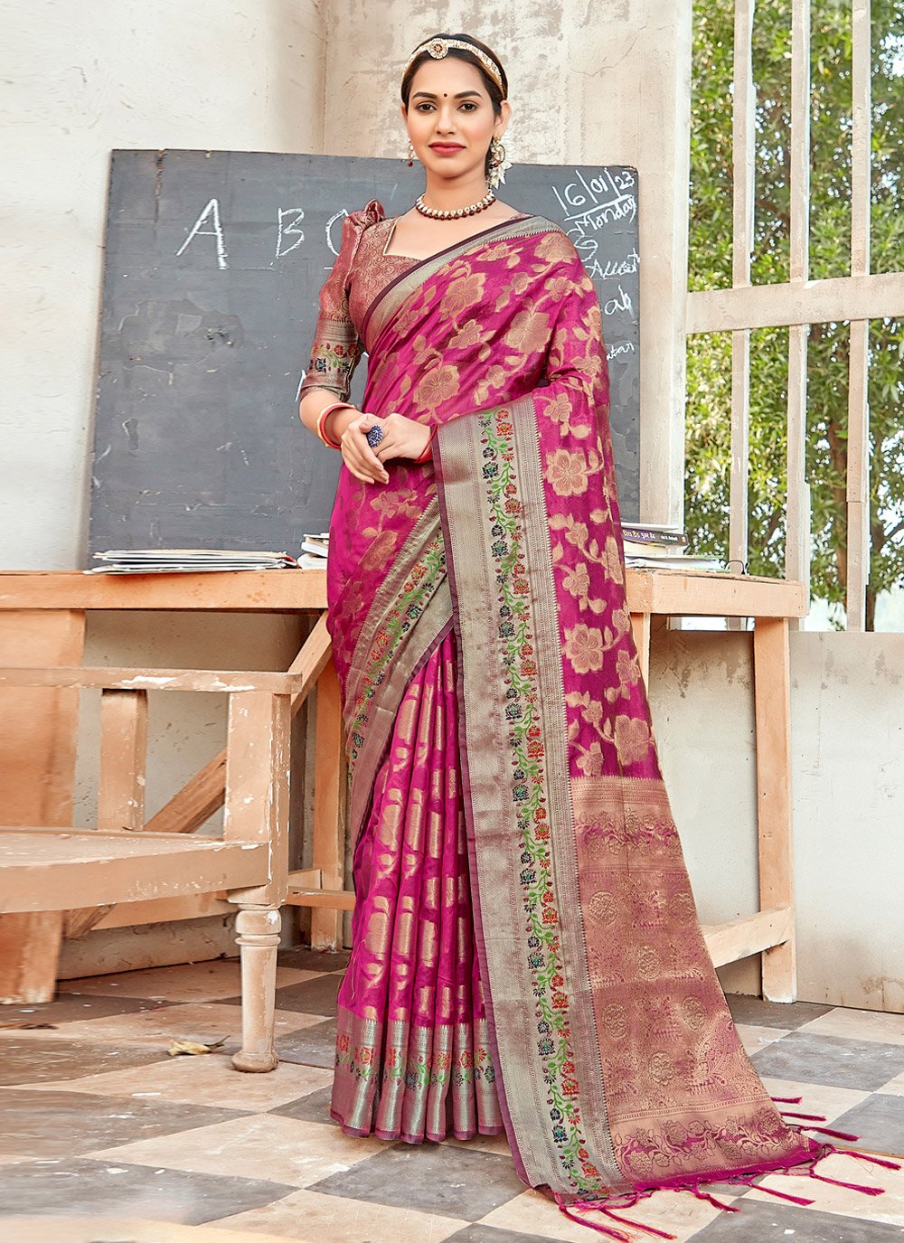 Traditional Saree Organza Magenta Embroidered Saree