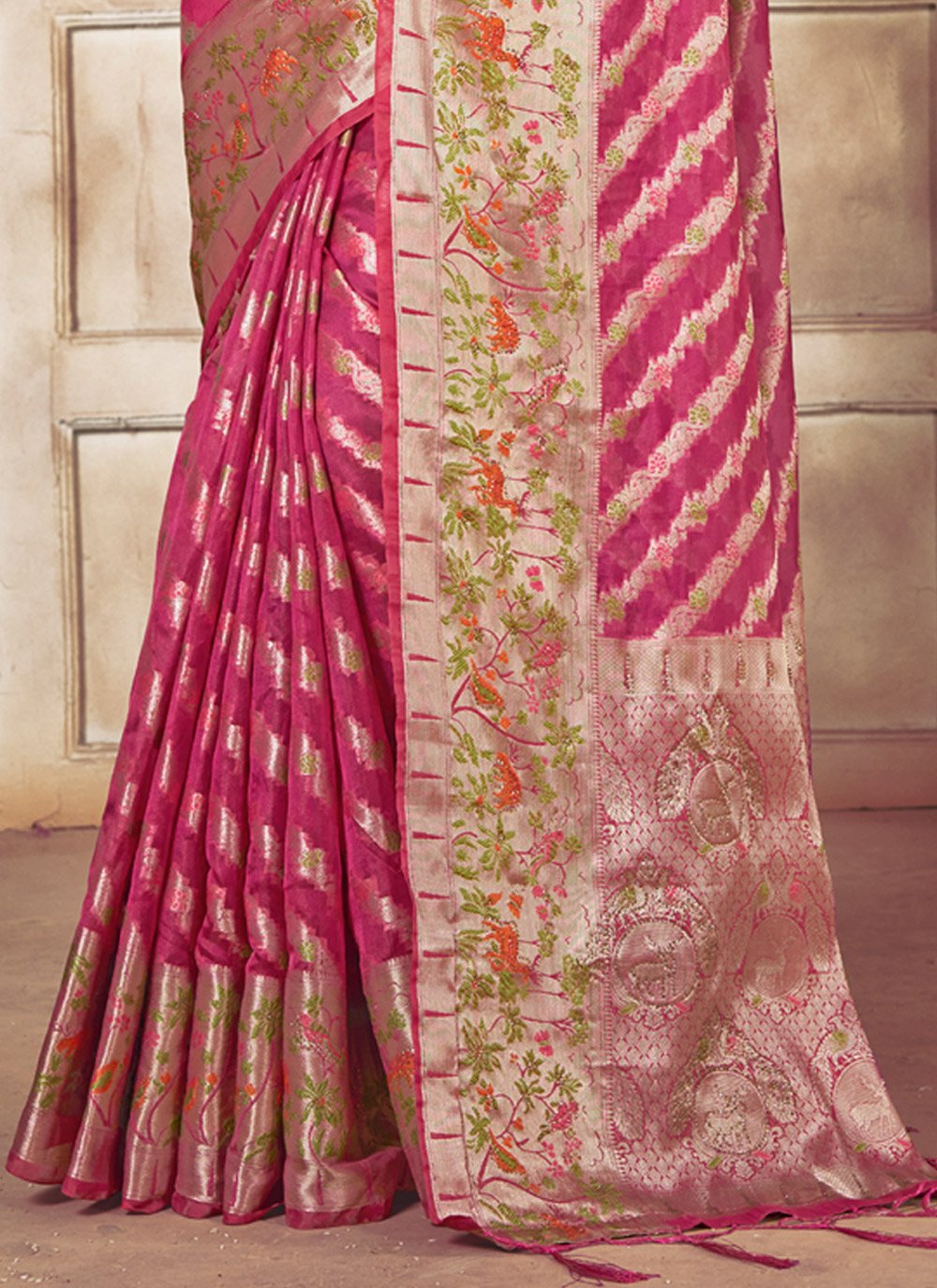 Trendy Saree Organza Magenta Fancy Work Saree