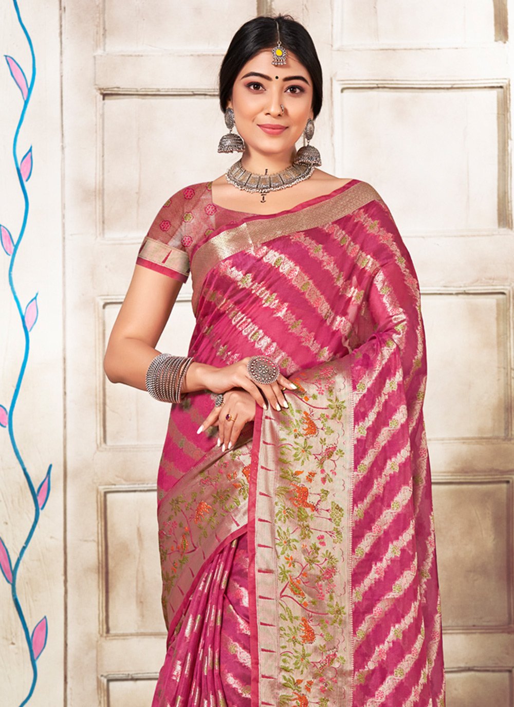 Trendy Saree Organza Magenta Fancy Work Saree