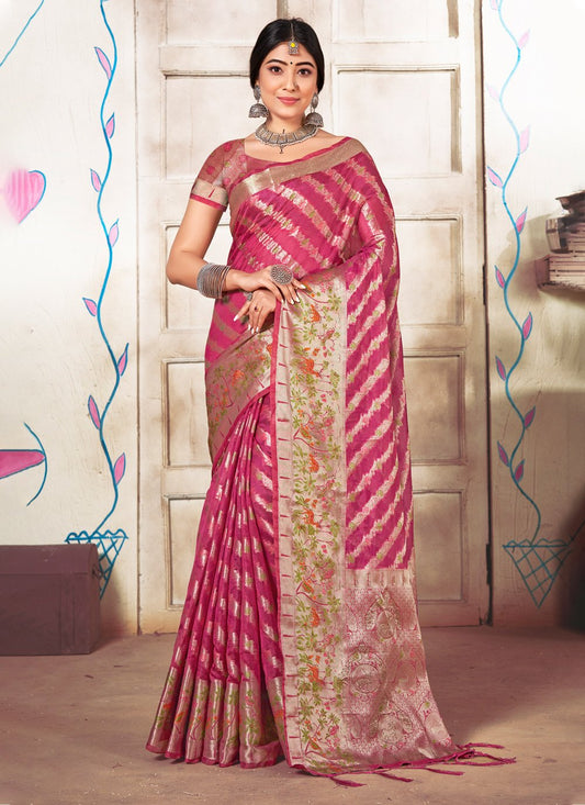 Trendy Saree Organza Magenta Fancy Work Saree