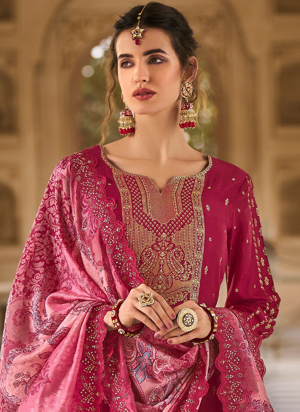 Palazzo Salwar Suit Silk Magenta Jacquard Work Salwar Kameez