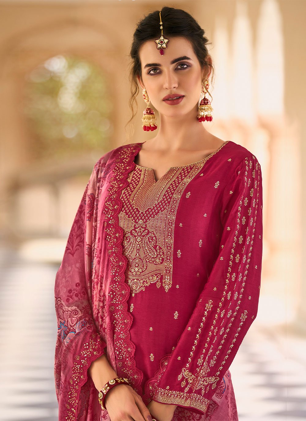 Palazzo Salwar Suit Silk Magenta Jacquard Work Salwar Kameez