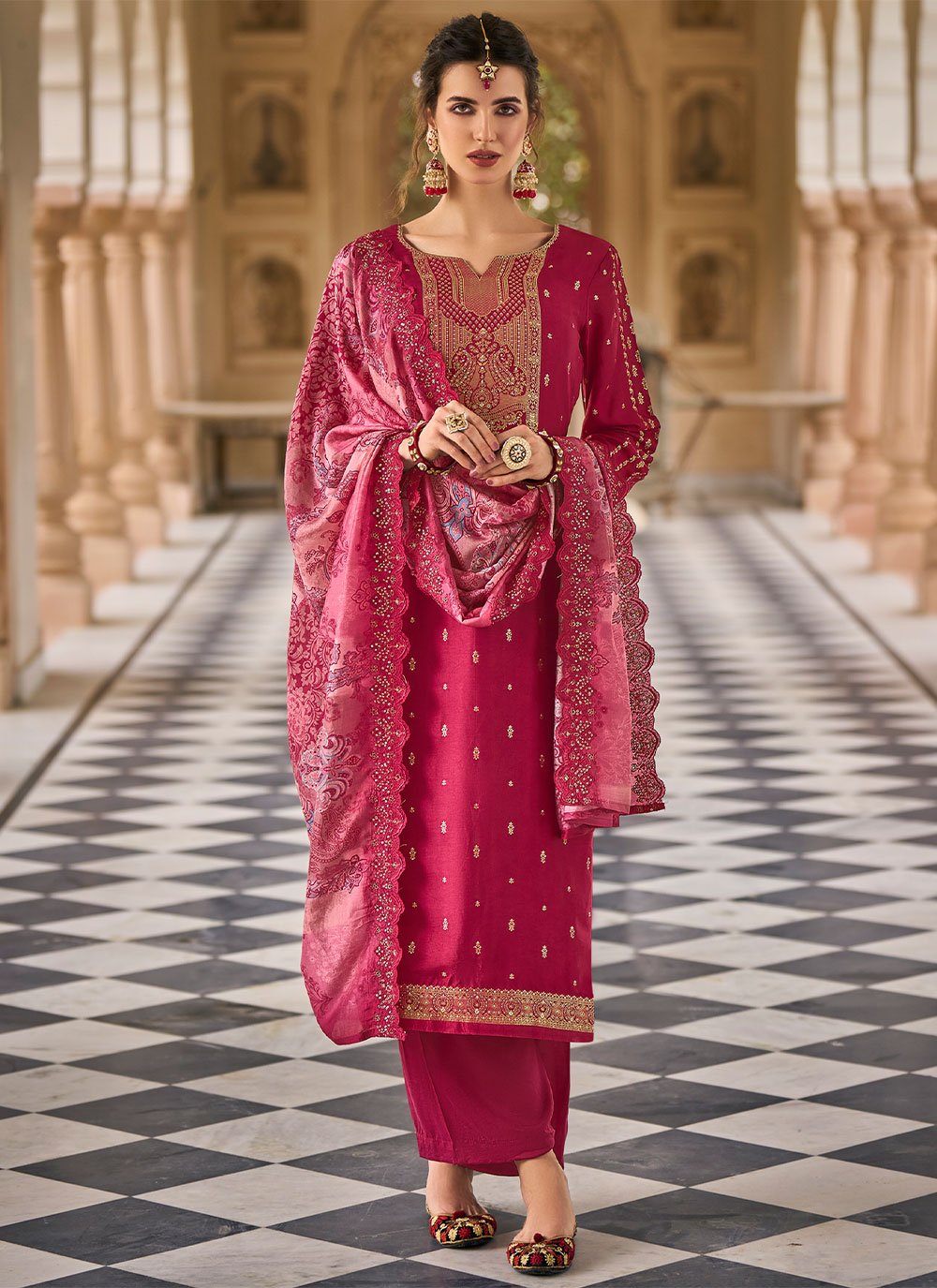 Palazzo Salwar Suit Silk Magenta Jacquard Work Salwar Kameez