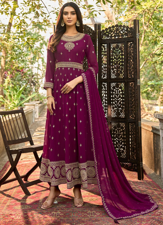 Anarkali Suit Faux Georgette Magenta Embroidered Salwar Kameez