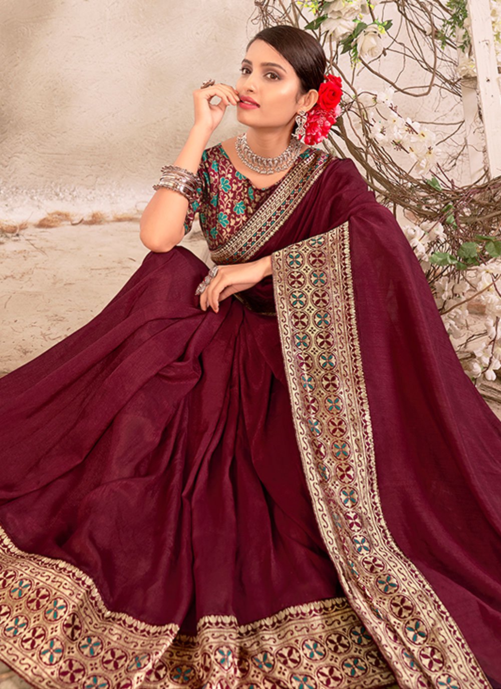 Contemporary Vichitra Silk Magenta Jacquard Work Saree