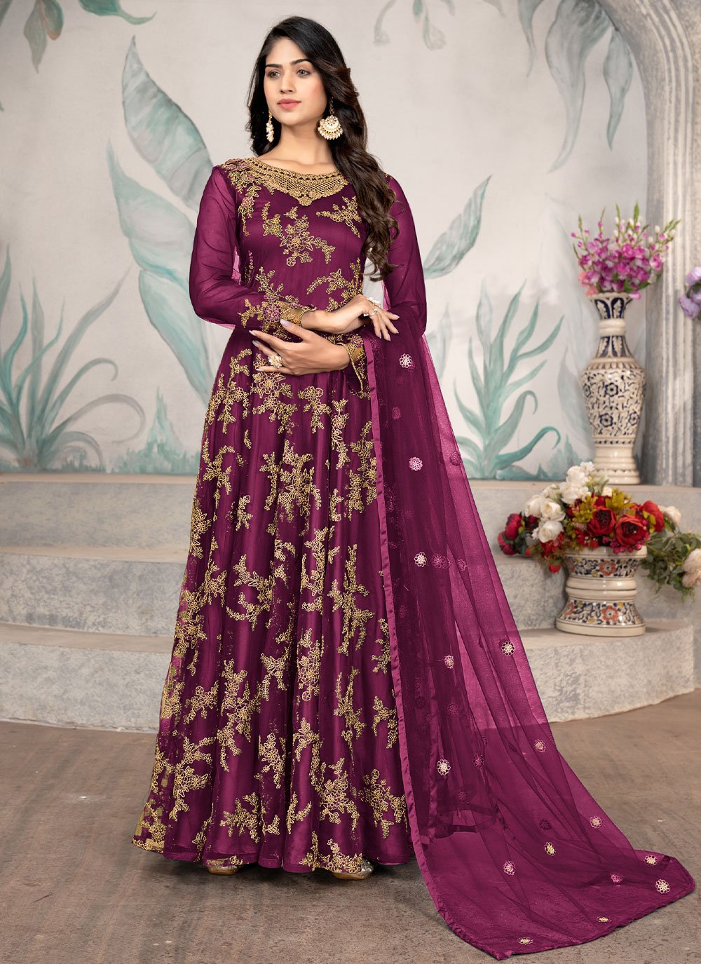 Anarkali Suit Net Magenta Embroidered Salwar Kameez