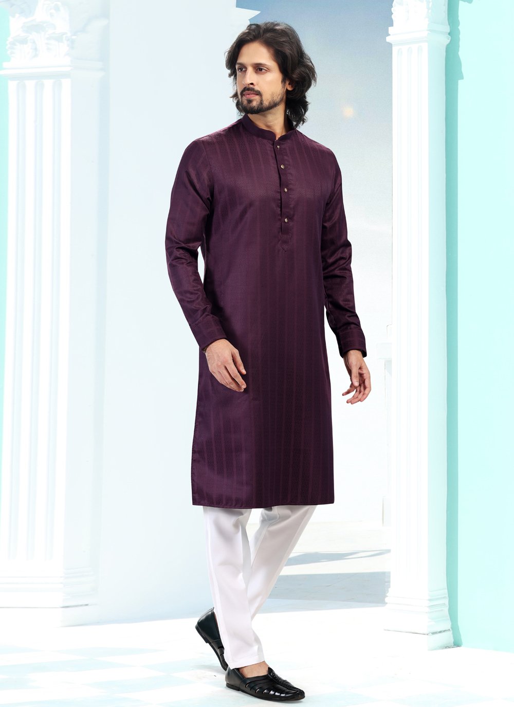 Kurta Pyjama Silk Magenta Fancy Work Mens