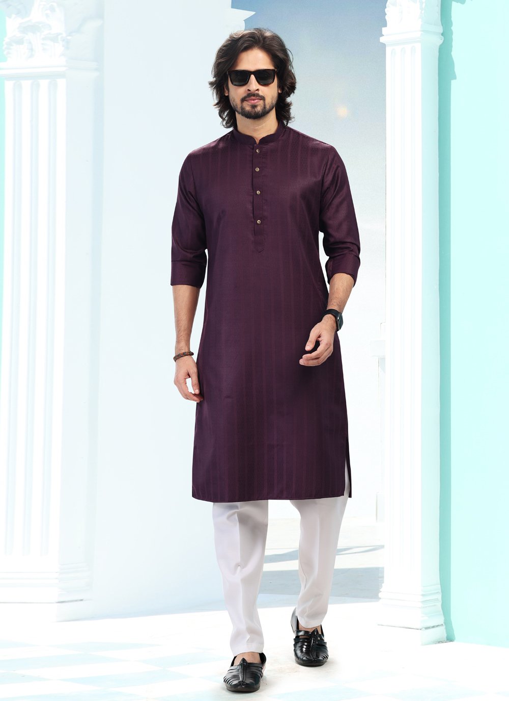 Kurta Pyjama Silk Magenta Fancy Work Mens