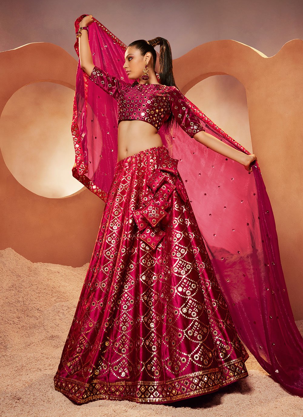 Lehenga Choli Velvet Magenta Embroidered Lehenga Choli