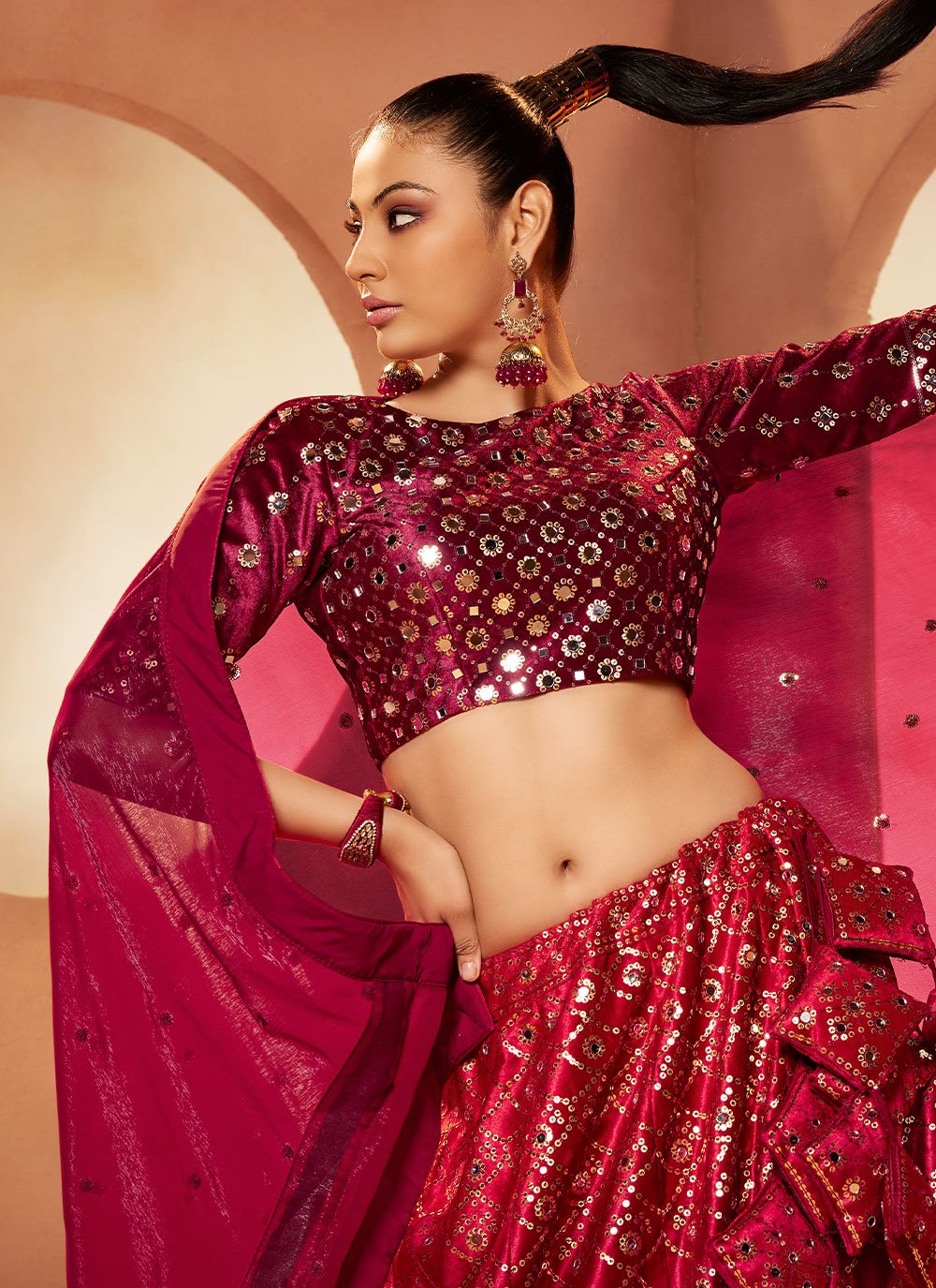 Lehenga Choli Velvet Magenta Embroidered Lehenga Choli