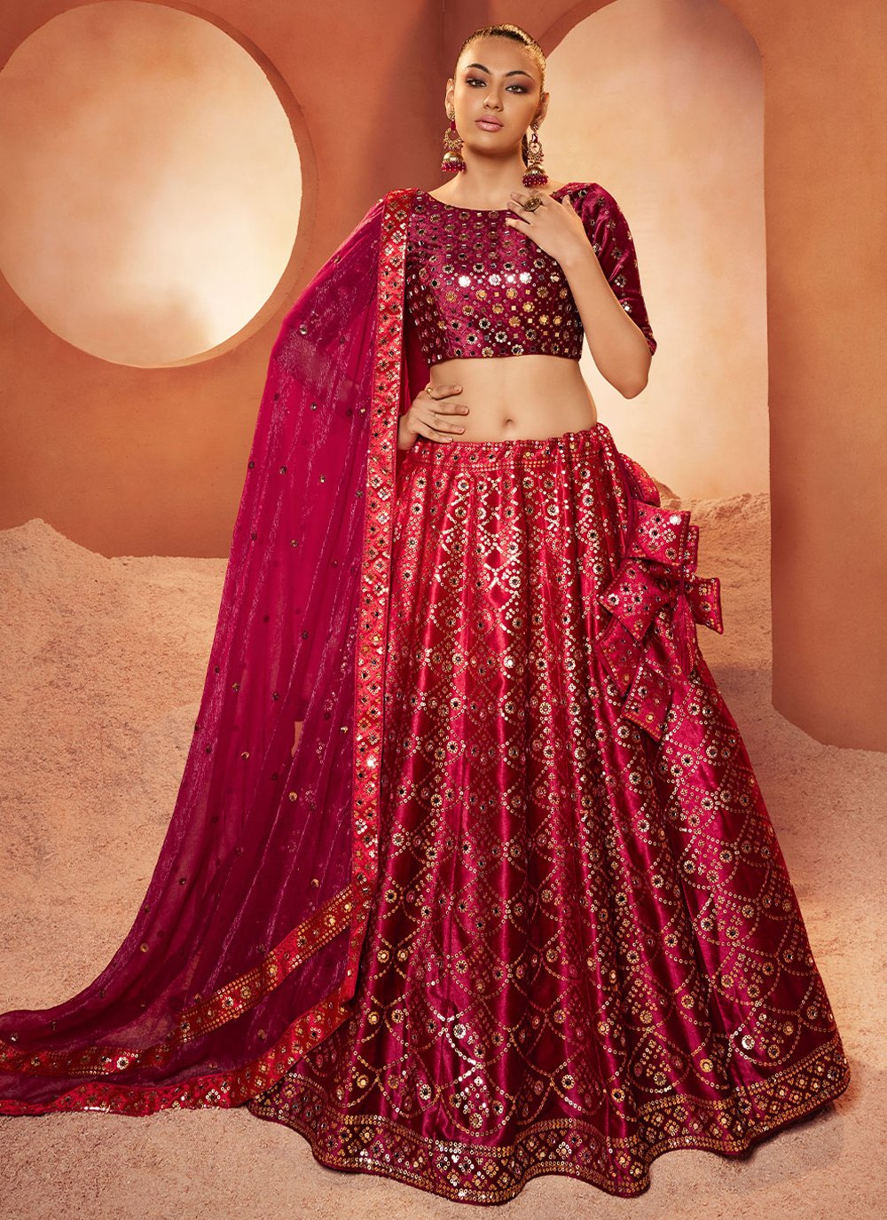 Lehenga Choli Velvet Magenta Embroidered Lehenga Choli