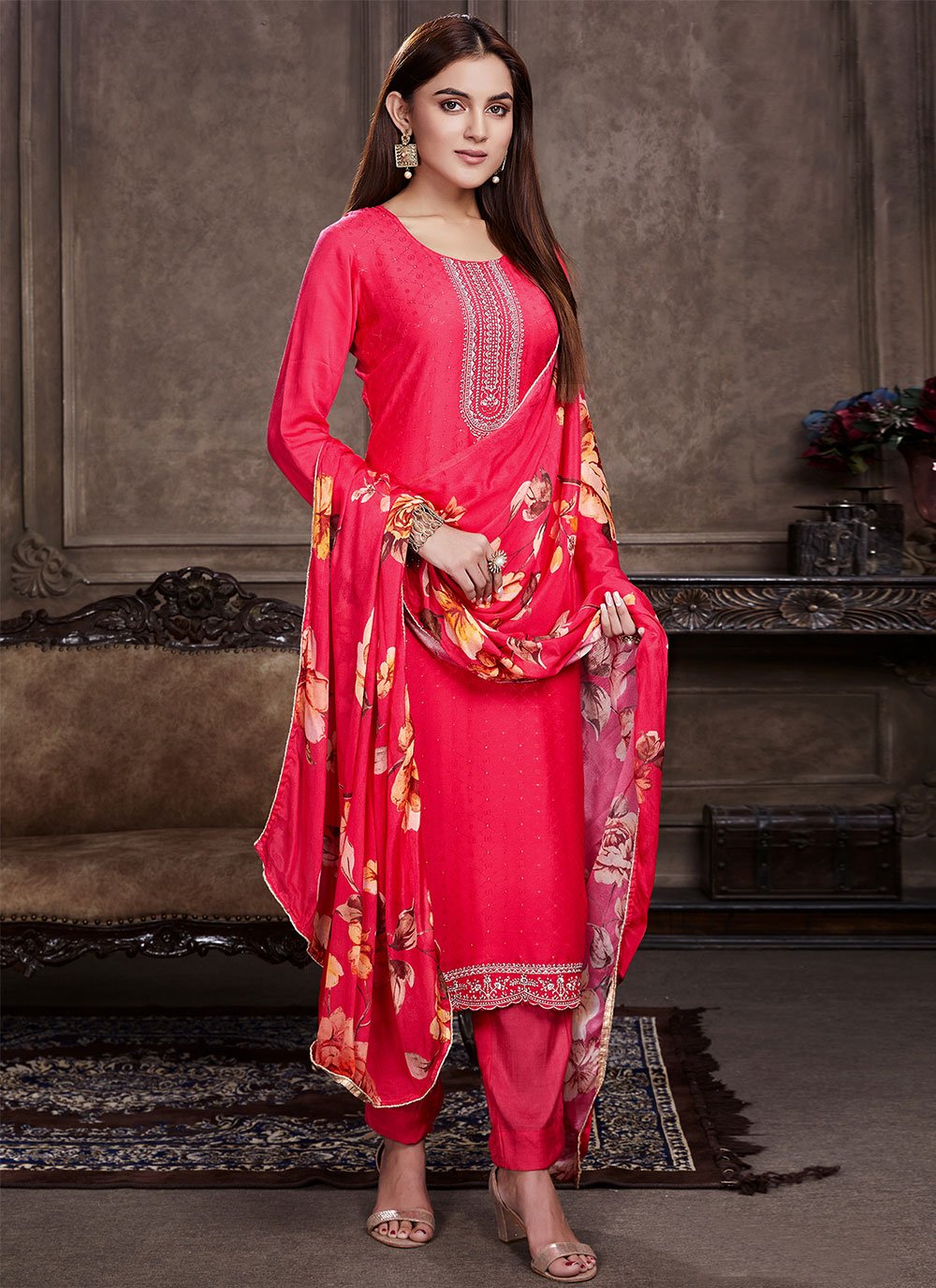 Salwar Suit Muslin Magenta Embroidered Salwar Kameez