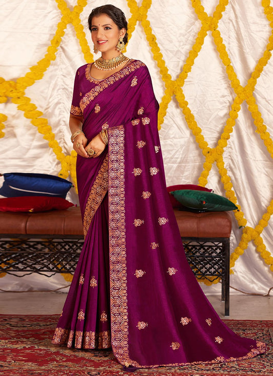 Classic Vichitra Silk Magenta Embroidered Saree